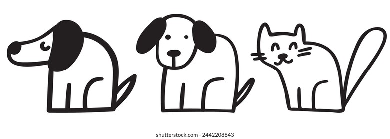 Cat and dogs are sitting. Outline vector design. Isolated icons. Hand drawn design on white background.