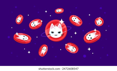 cat in a dogs world (MEW) coins falling from the sky. MEW cryptocurrency concept banner background.