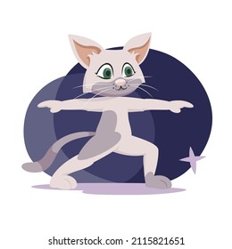 Cat doing Warrior II pose. Anthropomorphic animal in cartoon style