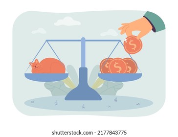 Monedas de gato y de dólar balanceando en una ilustración vectorial plana de escala. Persona calculando el costo de cuidar al gato. Finanzas, concepto presupuestario para banner, diseño de sitio web o página web de aterrizaje