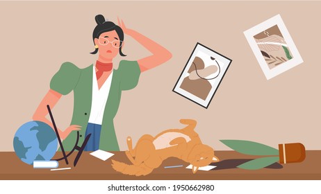 Cat domestic animal making mess at home vector illustration. Cartoon young woman pet owner character scolding cute mischievous playful kitten lying on table in messy home room interior background