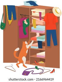 Cat domestic animal making mess at home vector illustration. Cute mischievous playful kitten stands next to closet with clothes in messy home room interior. Spoiled cat scatters things from wardrobe