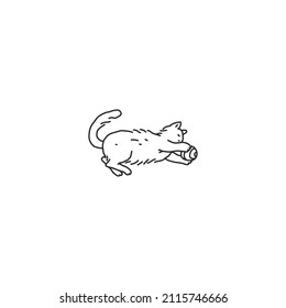 Cat domestic animal playing with ball. Pet outline black white doodle vector illustration.