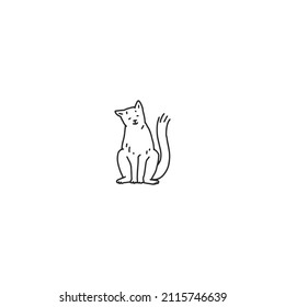 Cat domestic animal sitting full face. Pet outline black white doodle vector illustration.