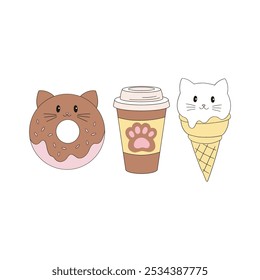 Cat donut coffee ice cream vector clip-art set isolated on white. Sweet Groovy kitten illustration