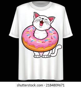 Cat, Donut, funny, Cartoon Character, Vector illustration. T-Shirt design.