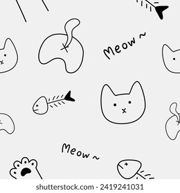 cat doodle childish line art black and white background wallpaper seamless pattern 