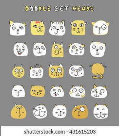 Cat doodle cute set. Isolated sketch cats characters. Kids handmade animals. Stylish muzzle with stipples. Sticker emotions for design. Funny illustration vector