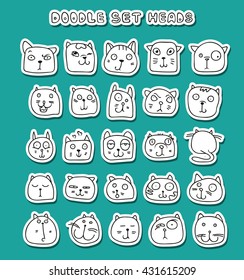 Cat doodle cute set. Isolated sketch cats characters. Kids handmade animals. Stylish muzzle with stipples. Sticker emotions for design. Funny illustration vector