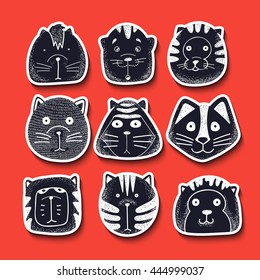 Cat doodle cute set. Isolated sketch character in retro style engraving. Kids handmade animals. Stylish muzzle with stipples. Sticker emotions for design. Funny illustration vector