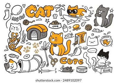 Cat doodle drawing, happy pets vector