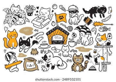 Cat doodle drawing, cat house vector