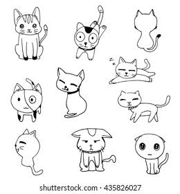 cat doodle drawing a vector on white background, set of black line free hand drawing doodle cute cats vector
