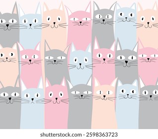 Cat doodle hand drawn poster. Cat characters various pastel colors. Cats background. Vector illustration.