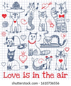 Cat doodle Happy Valentine's day set. Cute sketch animal. Romantic Valentine day greeting card. Doodle outline kittens love banner. Vector illustration isolated on white background, kid style art icon