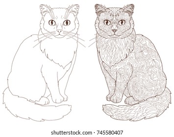 Cat doodle and line cartoon cat animal for coloring book. Vector illustration isolated on white background.