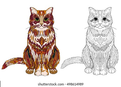 Cat doodle ornament isolated on white. It can be used for printing on t-shirts or coloring books.