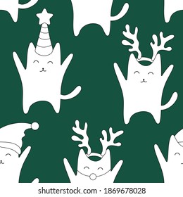 cat doodle pattern on green background