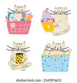 cat doodle set. Cute funny pets. Various faces and emotions. Animal and objects.  Stylish print for t-shirts, notebooks, postcards. Vector illustration, hand drawn