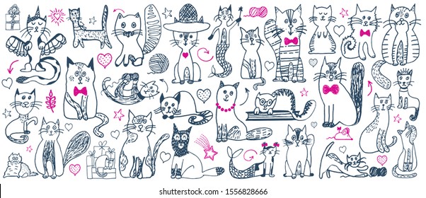 Cat doodle set. Cute sketch animal . Cartoon funny cats collection. Doodle outline kittens with cute faces. Art pattern for kids print, fabric, card. Vector illustration isolated on white background.