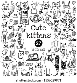 Cat doodle set. Cute sketch animal. Cartoon funny cats collection. Doodle outline kitten black silhouette. Art pattern for kids print, fabric, card. Vector illustration isolated on white background.