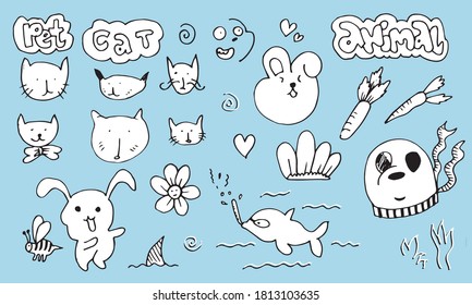 Cat doodle set. Cute sketch animal . Cartoon funny cats collection. Doodle outline kittens with cute faces. Art pattern for kids print, fabric, card. Vector illustration isolated on white background.