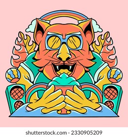 Cat Doodle style vector t shirt design artwork, Hand Music Drawn summer tropical paradise beach colorful flat illustration