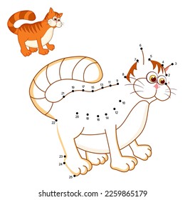 Cat. Dot to dot Game. Connect the dots by numbers to draw the cartoon cute red Kitten. Logic game and Coloring Page with answer. Education worksheet for kids practicing count numbers 1-25.