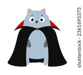 Cat in dracula costume for Halloween. Cute cat in vampire costume. Halloween party. Hand drawn vector illustration. Flat design.