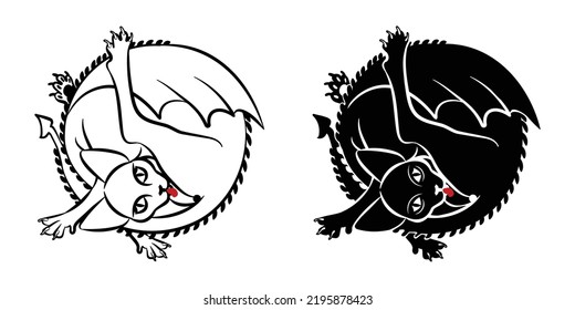 Cat Dragon Sigil Logo. Cute vector illustration of kitten with fantasy wings licking itself. Medieval feline house banner. 
