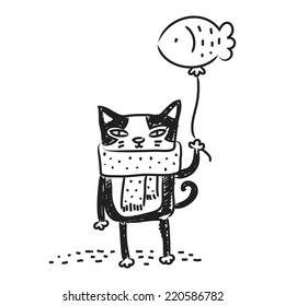Cat drawing, doodle. Funny cartoon kitten vector line art. 