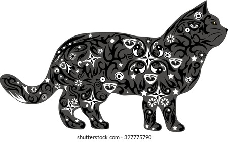the cat with drawing, the house pet, a cat with a pattern, an animal goes straight, a kitten with flowers, an illustration of an animal with ornament, the wild nature, fauna, a mammal with a tail,
