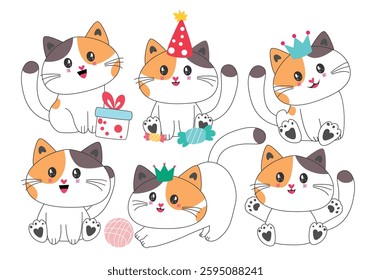 Cat drawing icon clipart drawing set. Cute kitten with gray and orange pastel color in happy, playful and adorable smile cartoon character clip art collection doodle sketch outline vector