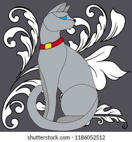 cat drawing on a classic background with curls
