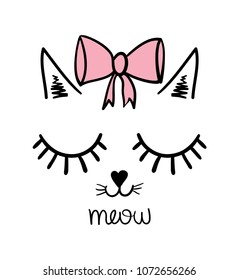 Cat drawing with pink ribbon bow and meow text / Vector illustration design for fashion graphics, t shirts, slogan tees, prints, stickers, posters and other uses.