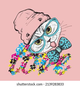 cat drawing with ribbon is designed for t-shirt on pink background.eps