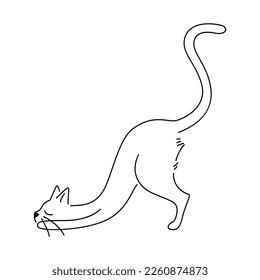 cat drawn with black line on a white background. Vector isolated animal for stickers, emoji, decor, cards, patterns. Stylized pet