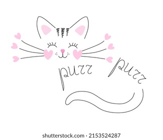 Gato dibujado en contorno negro con mejillas en forma de corazón rosado y corazones rosados en las puntas de los bigotes sobre un fondo blanco en vector. Hermosa ilustración para una postal, almohada, camiseta.