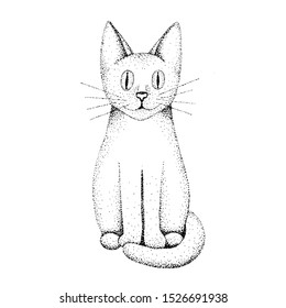 A cat drawn by hand with a black pen. Dots design. Black and white. Isolated on a white background. Trace in vector