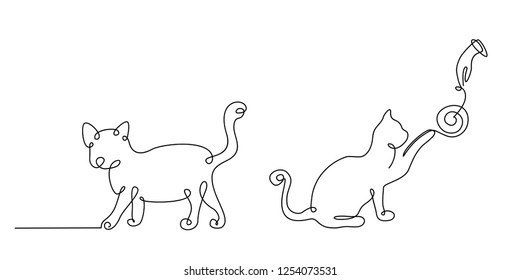 
Cat drawn in a continuous line, the cat is playing with a ball of yarn. Actor illustration of a single line.