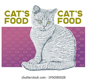 Cat drawn in a graphic style, as an element for the design of packaging for animal feed.