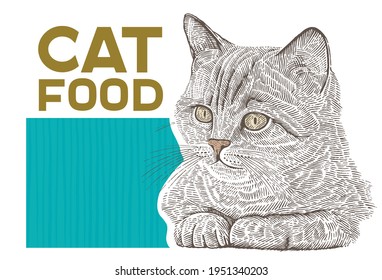 Cat drawn in a graphic style, as an element for the design of packaging for animal feed.