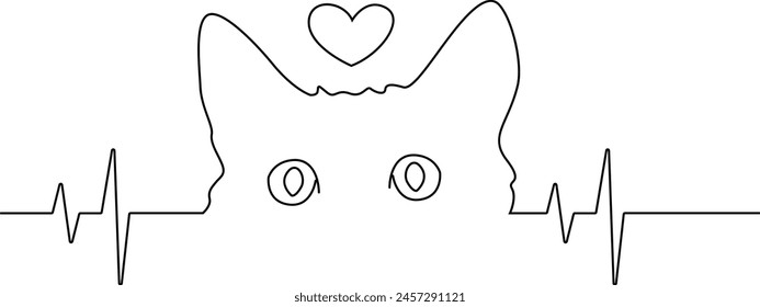 Gato dibujado con líneas. Orejas y pulso de gato. Amor por los gatos, ilustración. Tatuaje. Vector estilizado gato aislado del fondo