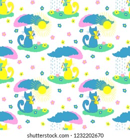 Cat draws the sky and the sun. Vector seamless pattern