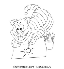 El gato dibuja el sol. Ilustración vectorial del libro de coloreado