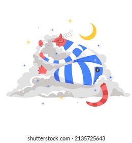 cat dream. vector illustration of a cat on a cloud. cat in sleeping clothes