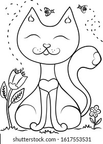 Cat dreamer, sitting on the grass among the flowers. Vector illustration. Coloring book.