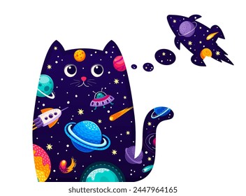 Cat dreaming about space rocket. Isolated cute vector celestial feline silhouette adorned with galaxies, stars and planets within its contours, thinking of interstellar cosmic travel in far universe