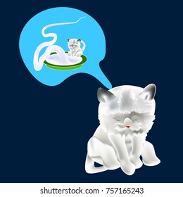 Cat Dreaming Icon Symbol Design. White Cartoon Cat Vector illustration isolated on navy blue background