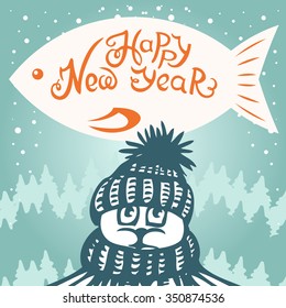 Cat dreams of fish. Christmas card, cartoon.